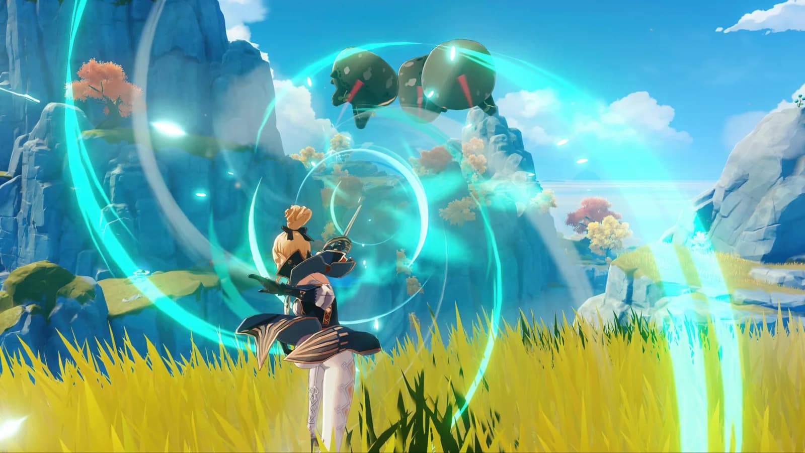 Jean uses a green Anemo wind effect to lift enemies in a grassy, rocky Genshin Impact landscape.
