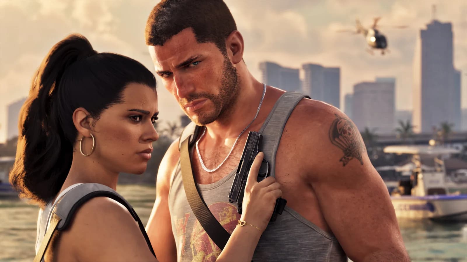 Lucia holds a pistol beside Jason, with the Vice City skyline and a helicopter behind them.