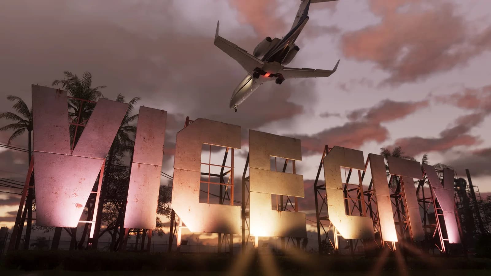A jet flies above the large Vice City sign and palm trees at sunset in an official GTA VI screenshot.