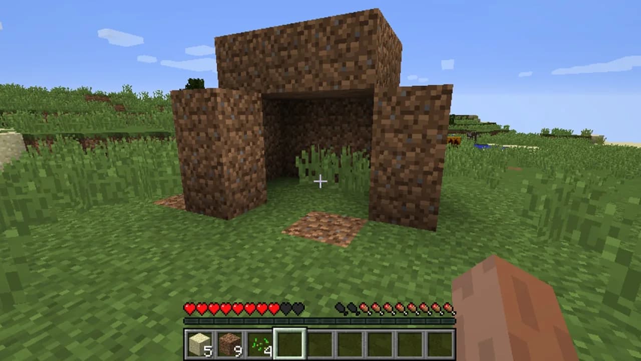 A small, uneven dirt shelter with an open doorway stands in a grassy Minecraft landscape.