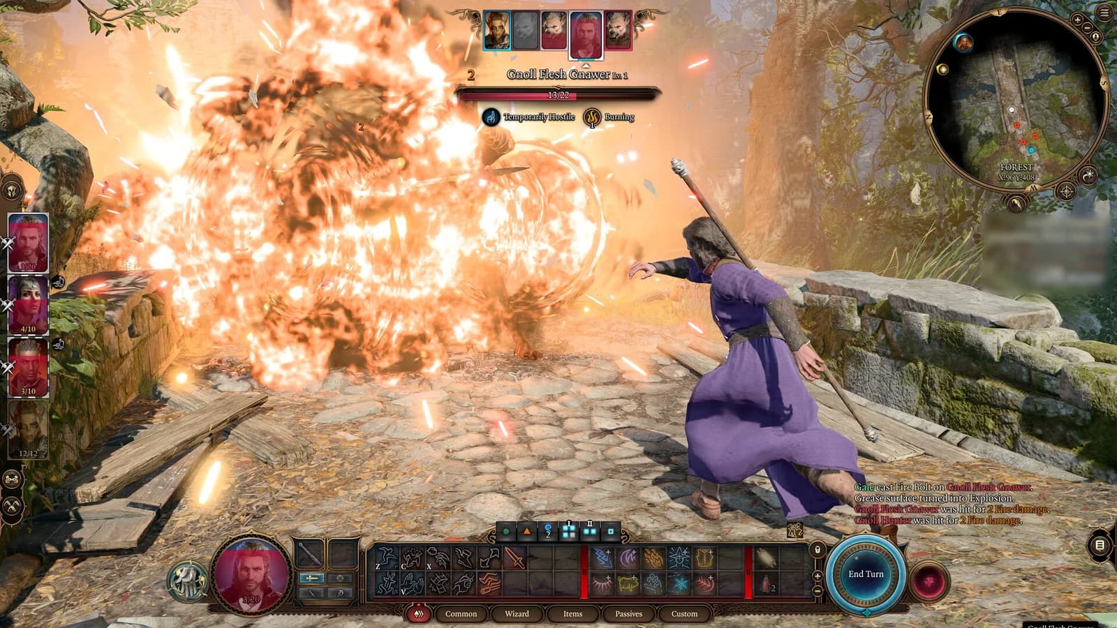 Gale casts toward gnolls as a large fire explosion fills a stone path; the combat log mentions an ignited grease surface.
