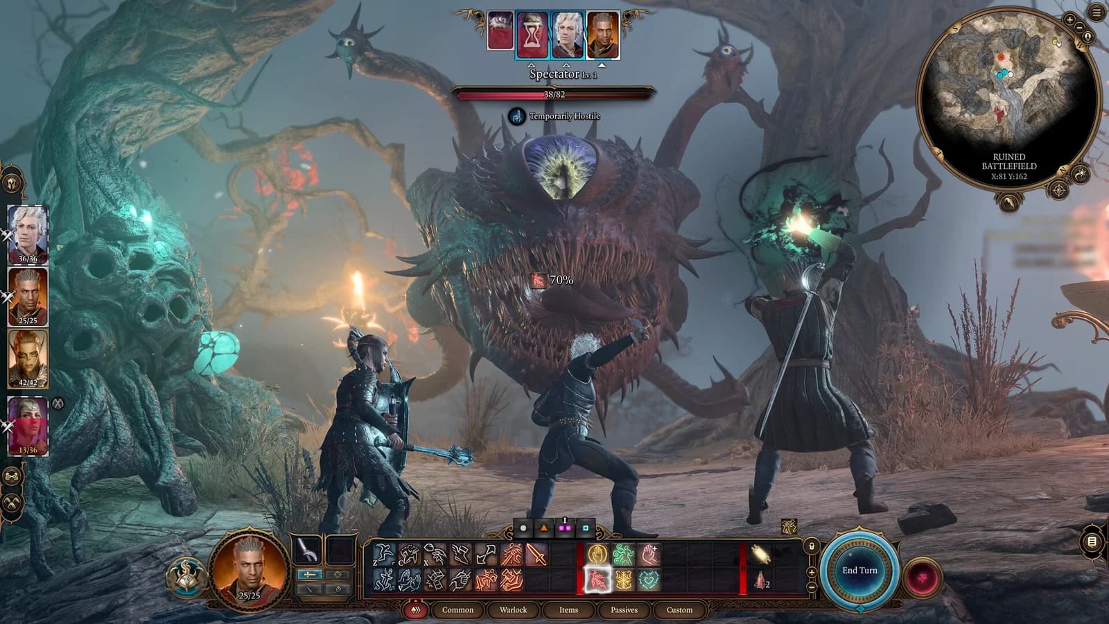 Baldur's Gate 3 party members face a Spectator, with the turn order, target information, map and ability bar visible.
