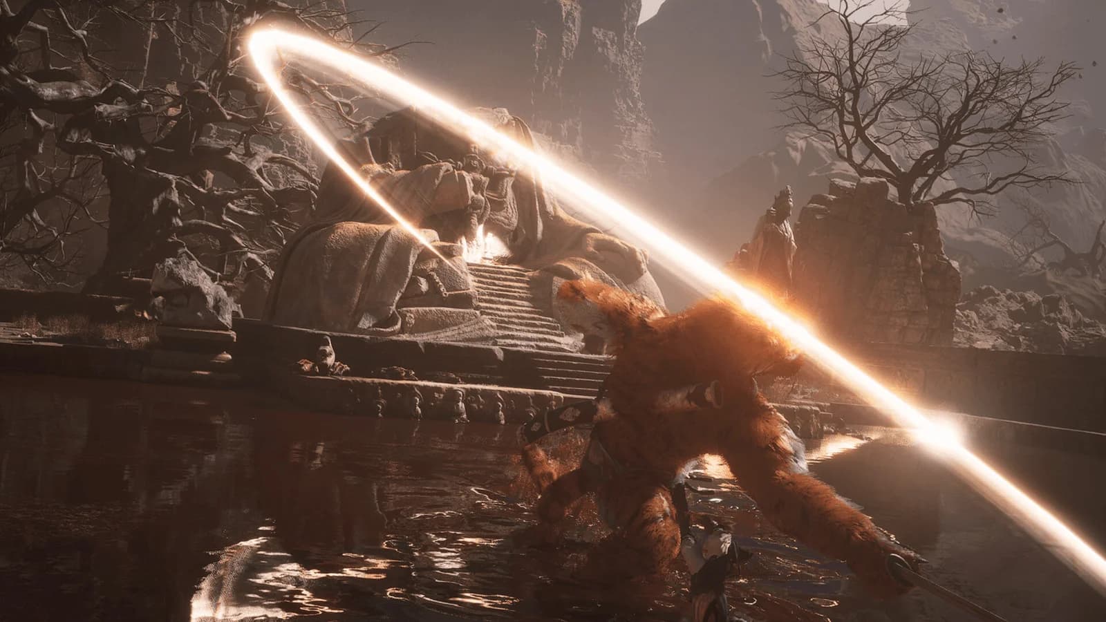 A furred opponent swings a glowing blade across a shallow pool and stone courtyard in Black Myth: Wukong.