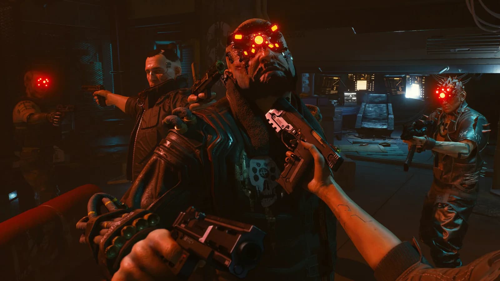 V holds a pistol close to an augmented opponent's head while other armed enemies surround them inside a dim Cyberpunk 2077 room.