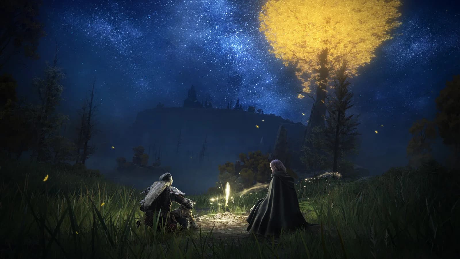 The Tarnished and Melina sit beside a glowing Site of Grace under a starry sky in Elden Ring.