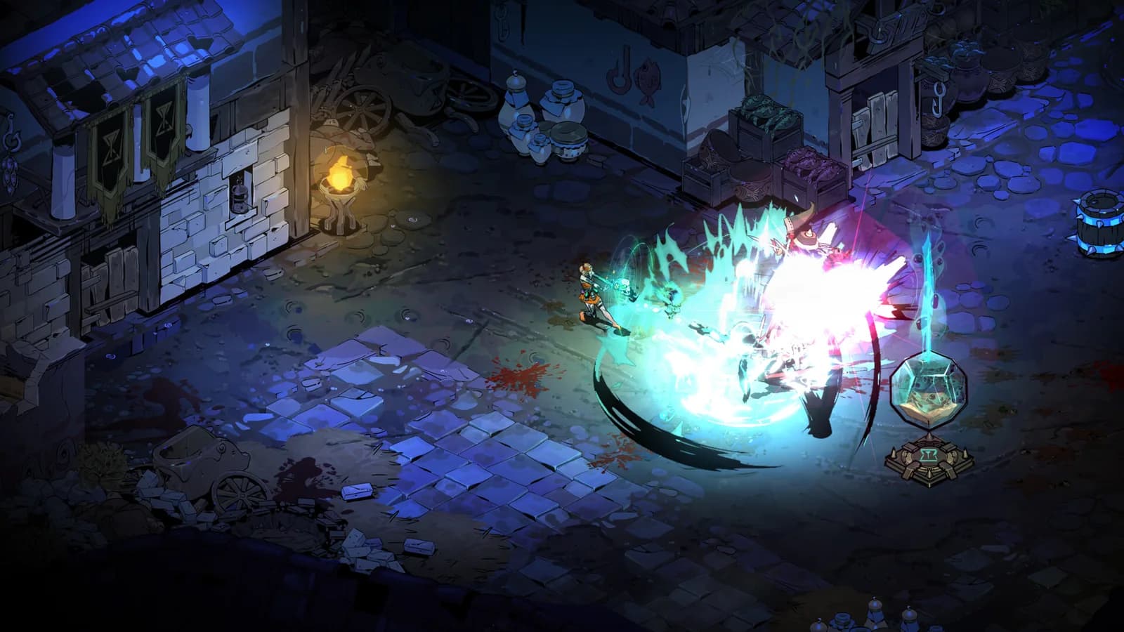 Melinoë attacks enemies beside a bright cyan and pink combat effect on a stone street in Hades II.