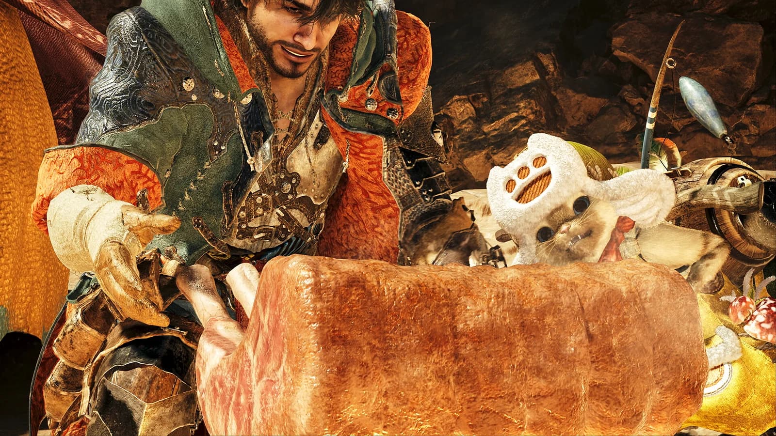 A hunter and a Palico prepare a large piece of cooked meat together in Monster Hunter Wilds.