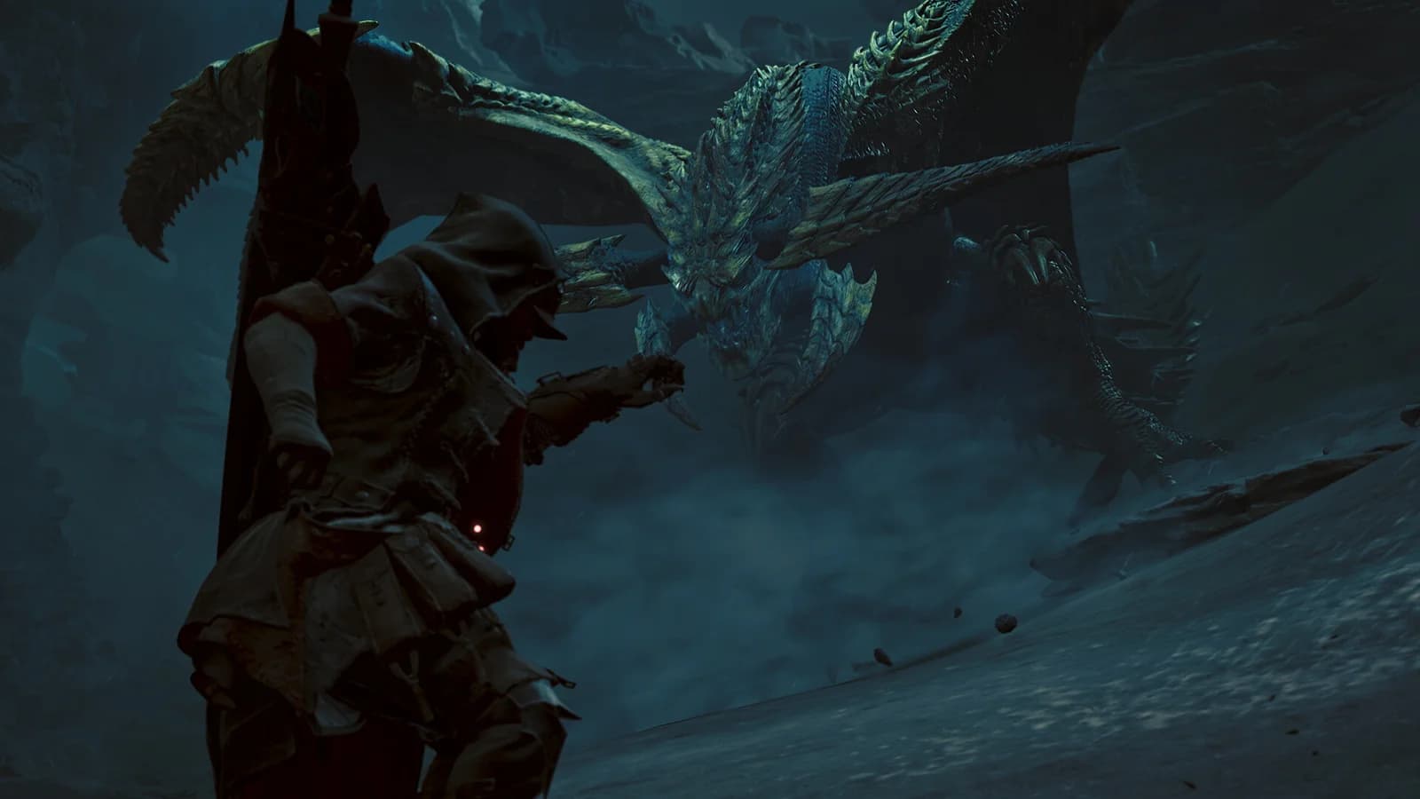 A hunter draws a bow toward a large blue wyvern across a dark, rocky slope in Monster Hunter Wilds.