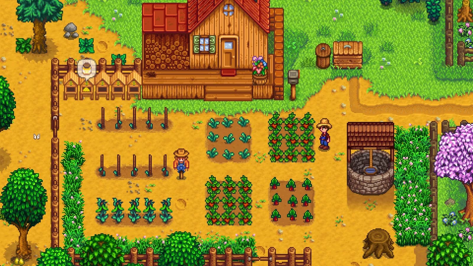 Two farmers stand among separated crop plots, a well, beehives and open walking paths beside a Stardew Valley farmhouse.