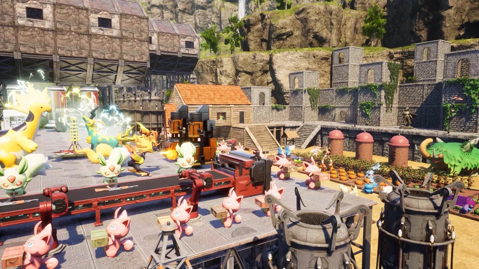 Pals carry boxes between machinery and cultivated plots in a large open Palworld base.