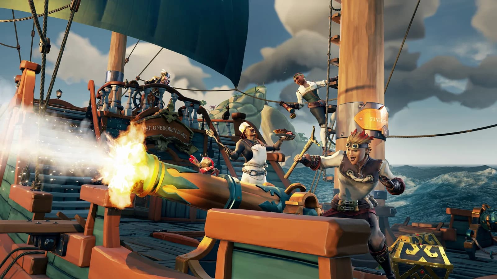 A Sea of Thieves crew occupies different positions on a ship: one pirate stands at the wheel while others work near a cannon and mast.