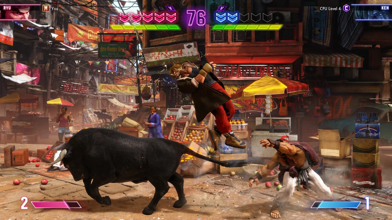 Ken jumps toward a crouching Ryu in a Street Fighter 6 match; both players' green Drive gauges are visible beneath the health bars.