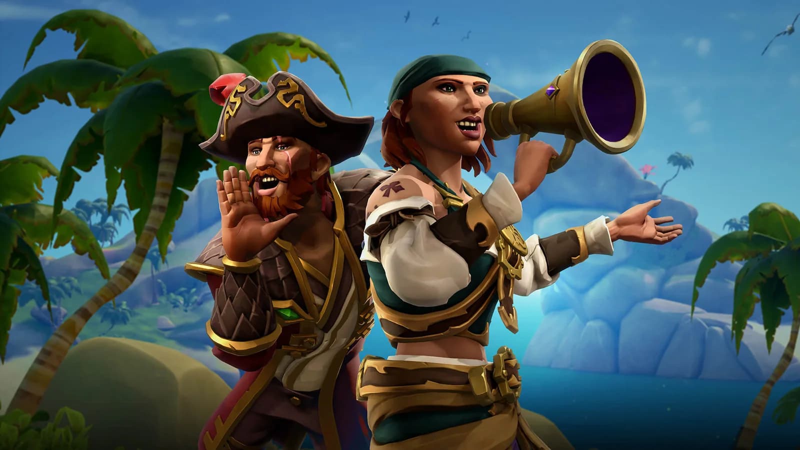 Two Sea of Thieves pirates call out on a tropical island, one speaking through a gold and purple trumpet.