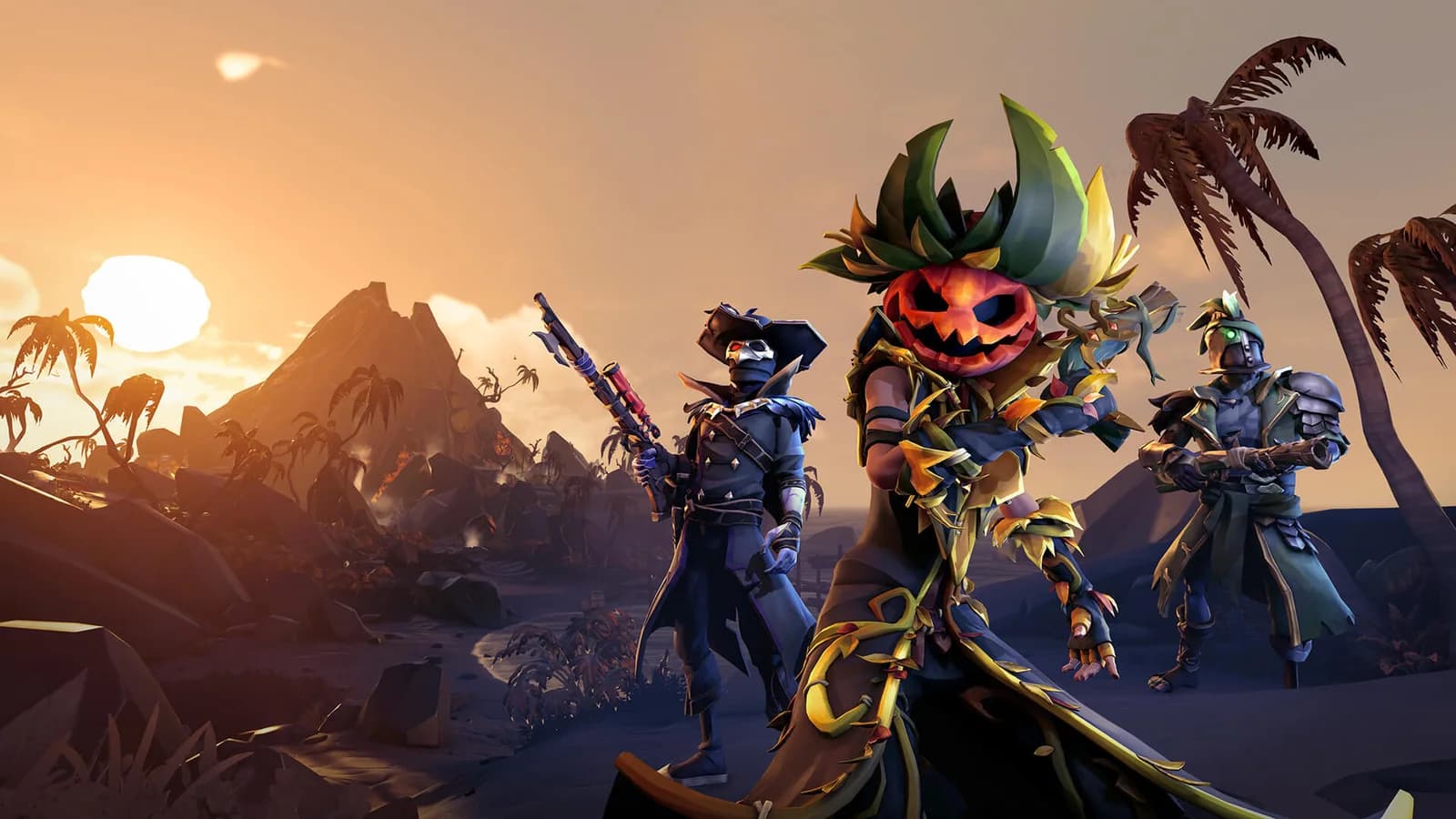 Official Sea of Thieves Halloween artwork shows a pirate wearing a glowing pumpkin mask, with two crewmates and a tropical sunset behind them.