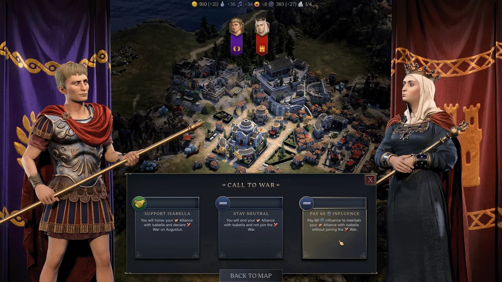 Civilization VII's Call to War screen offers support for Isabella, ending the alliance to stay neutral, or paying Influence to maintain the alliance without joining the war.