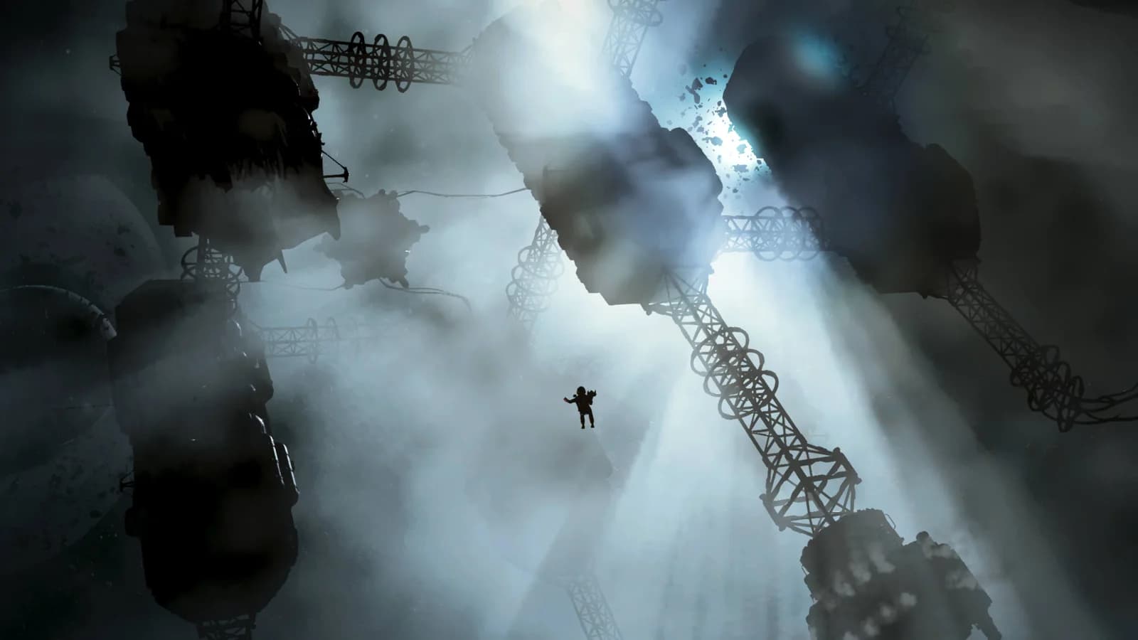 A lone traveller floats between enormous cylindrical wreck sections and exposed metal supports in a misty No Man's Sky space hulk.