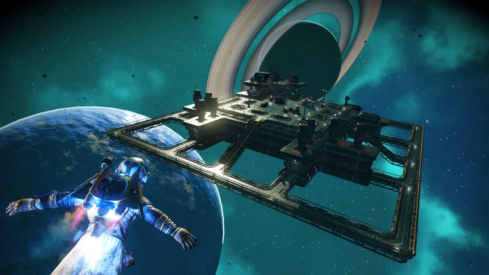 A jetpacking traveller approaches a rectangular orbital base with open platforms above a blue planet, with a ringed planet beyond.