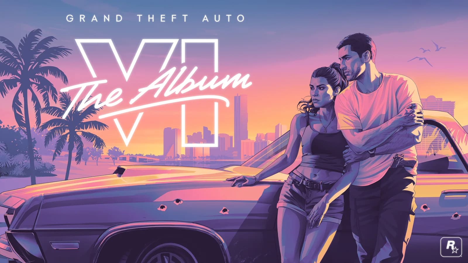 Official Grand Theft Auto VI: The Album artwork showing Jason and Lucia leaning together against a car with bullet holes, with palm trees and a city skyline behind them.