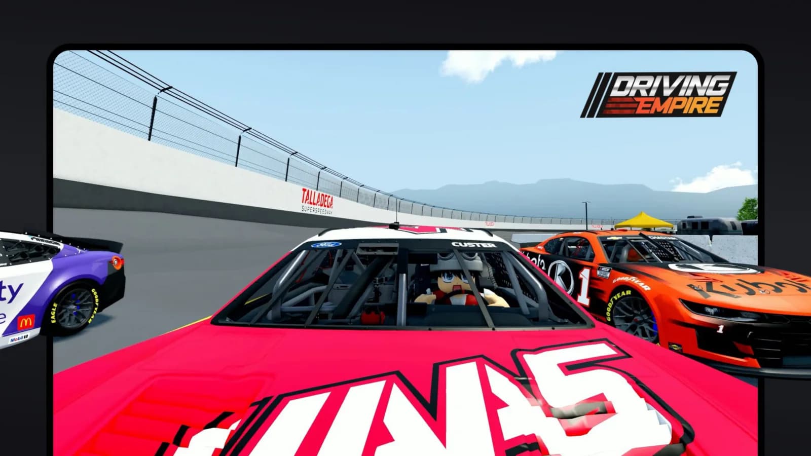 Roblox drivers sit in brightly colored stock cars at a racetrack in a Driving Empire promotional screenshot.