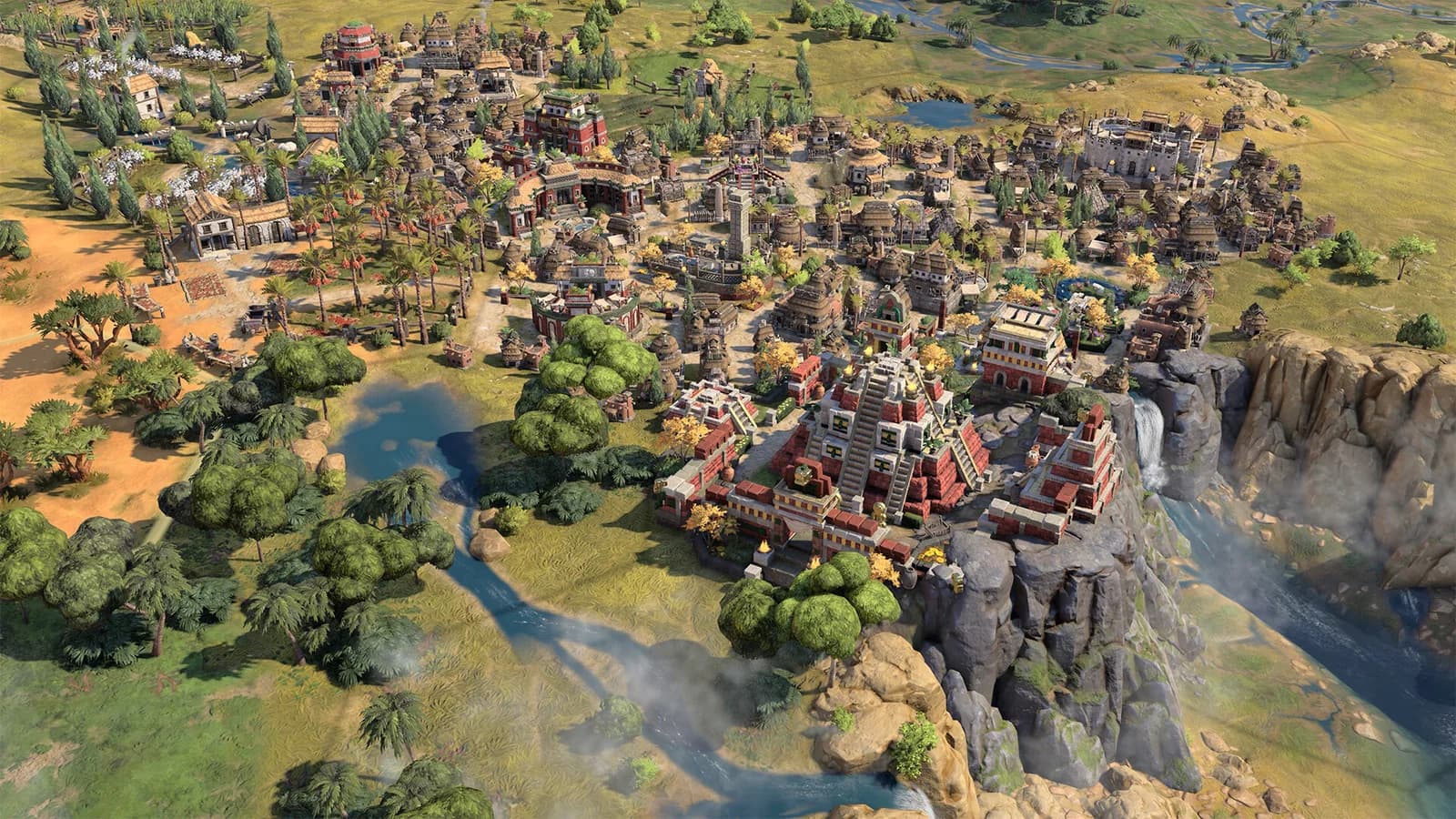 A developed Civilization VII settlement with stepped temples and dense neighborhoods beside a river and steep cliffs.