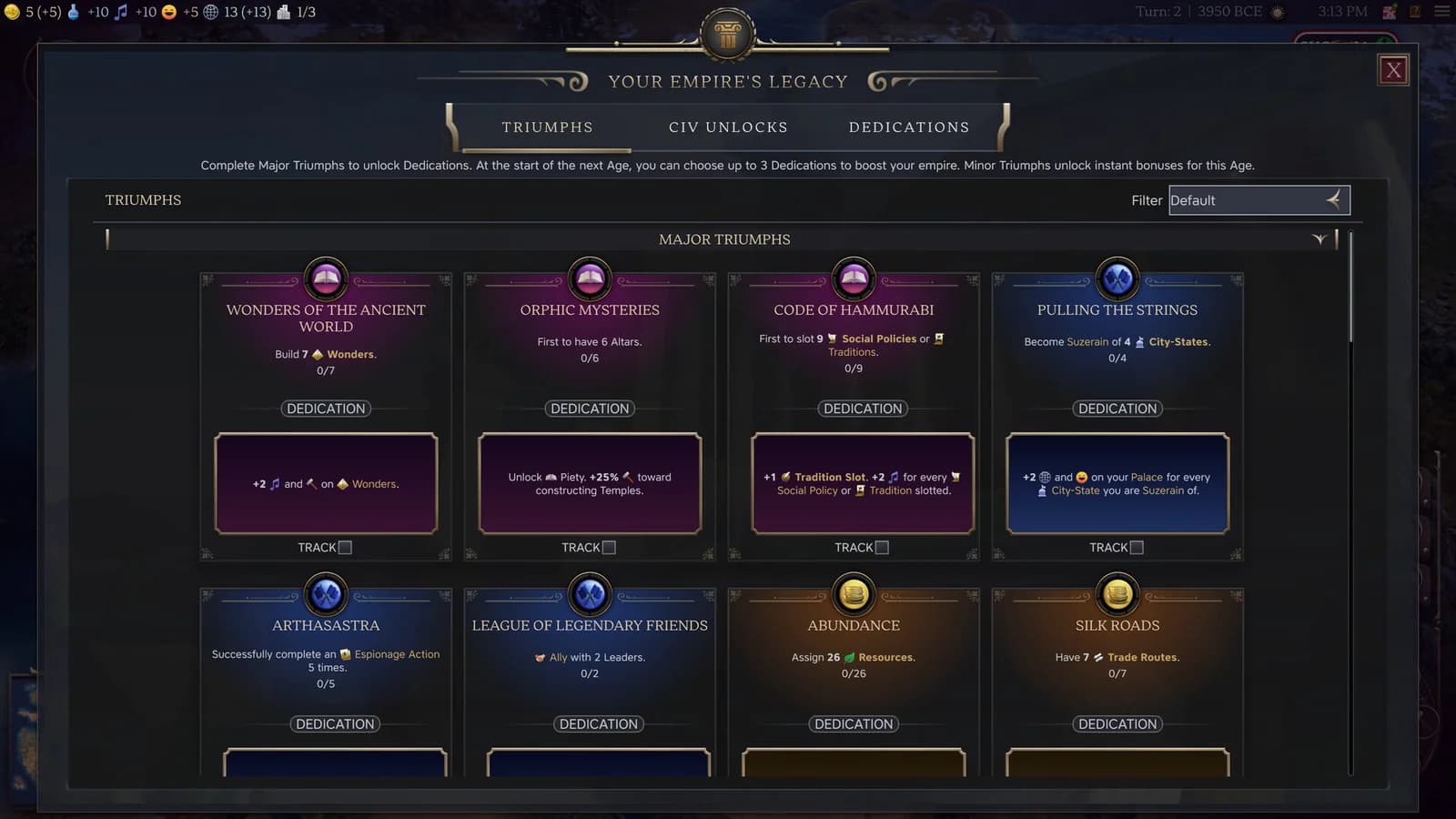 Civilization VII's Your Empire's Legacy window displays the Triumphs tab, with Major Triumph objectives, progress and Dedication rewards.